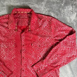 Platini Western Mens XL Red Silver Geometric Metallic Snap Button Down Shirt